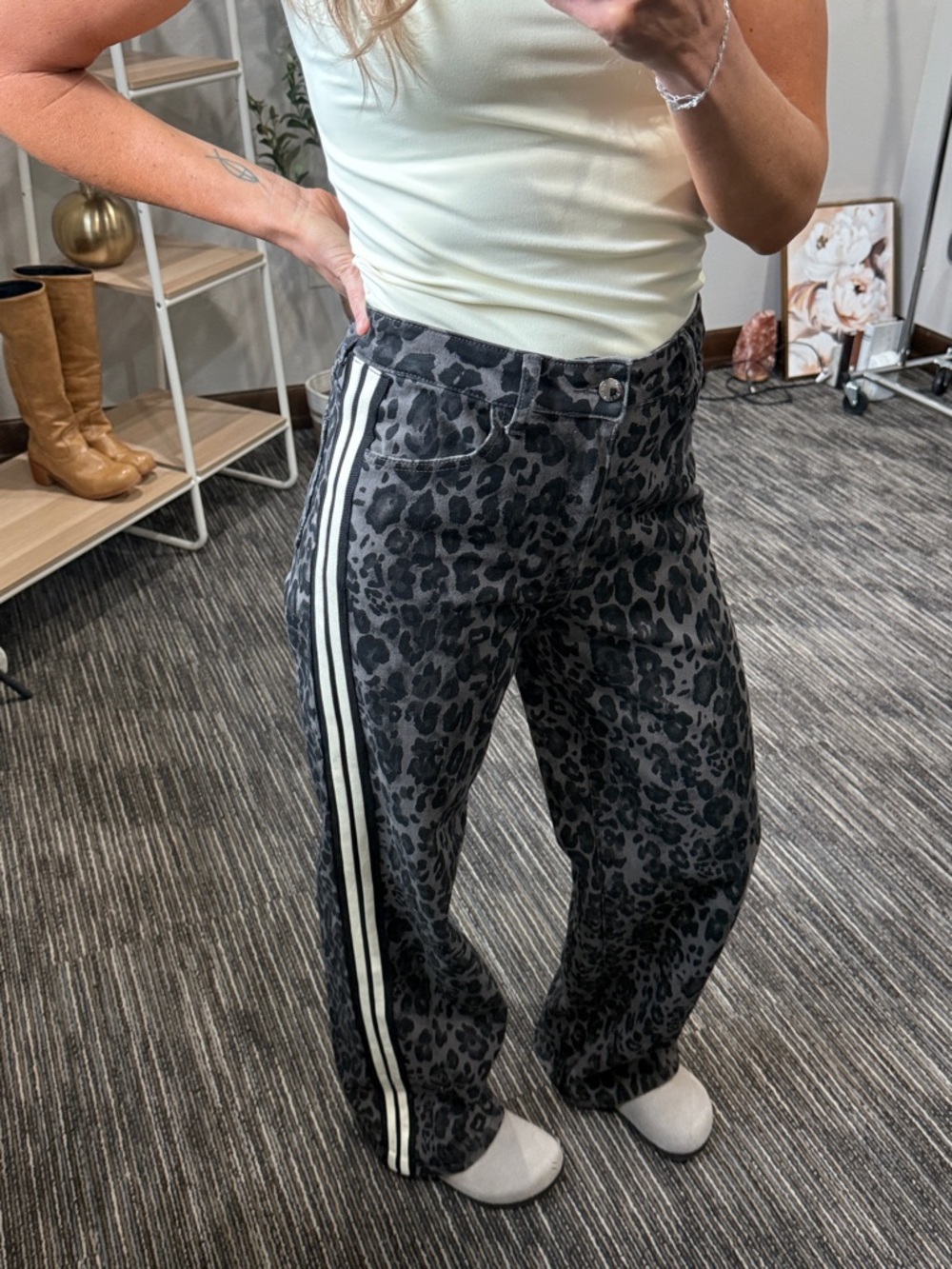 Leopard Print Wide Leg Jeans with Side Stripes